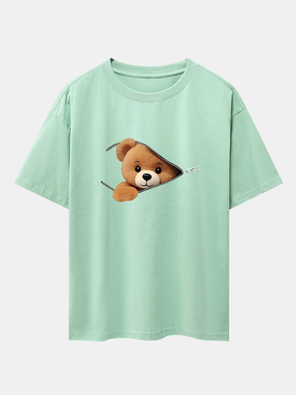 Oversized Drop Shoulder T-Shirt with Zipper Bear Print