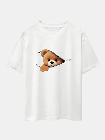 Oversized Drop Shoulder T-Shirt with Zipper Bear Print