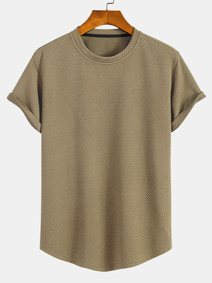 Striped Jacquard Short Sleeve T-Shirt with Arc Hem