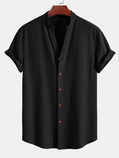 Textured V-Neck Shirt & Straight Leg Pants with Wrinkle Finish