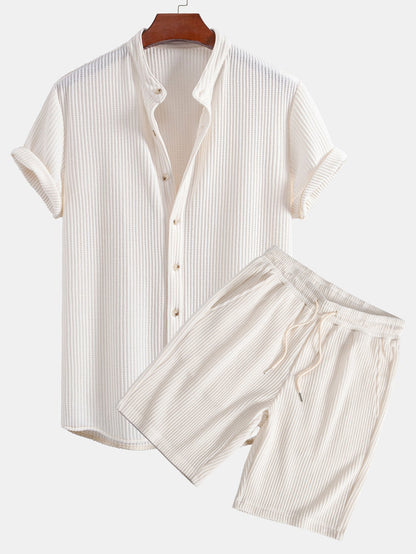 Waffle Textured Stand Collar Shirt & Drawstring Waffle Shorts Set