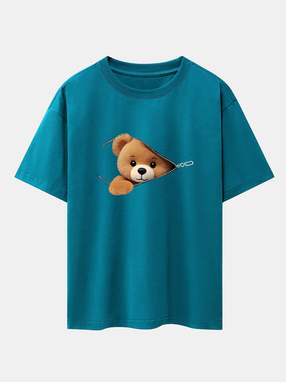 Oversized Drop Shoulder T-Shirt with Zipper Bear Print