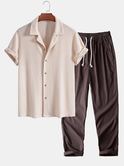 Short Sleeve Waffle Knit Cuban Shirt with Straight Leg Linen Trousers