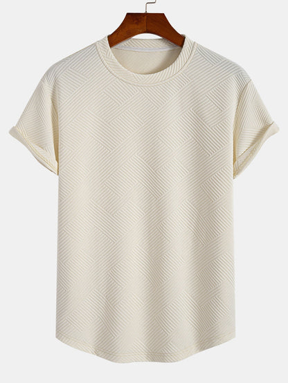Striped Jacquard Short Sleeve T-Shirt with Arc Hem