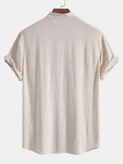 V-Neck Short Sleeve Linen-Rayon Blend Shirt