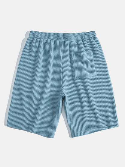Waffle Textured Stand Collar Shirt & Drawstring Waffle Shorts Set