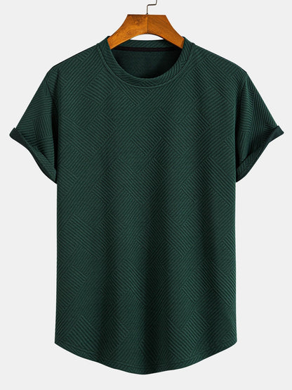 Striped Jacquard Short Sleeve T-Shirt with Arc Hem