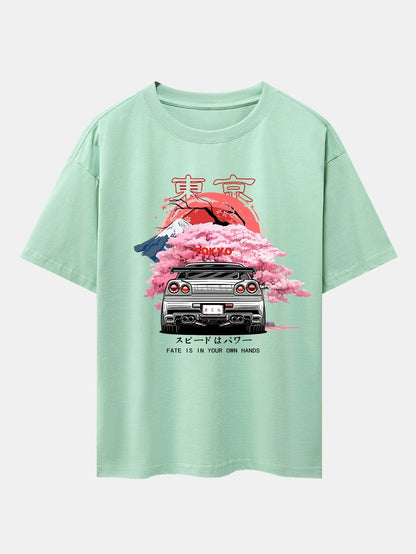 Oversized Drop Shoulder T-Shirt with Tokyo Cherry Blossoms Car Print