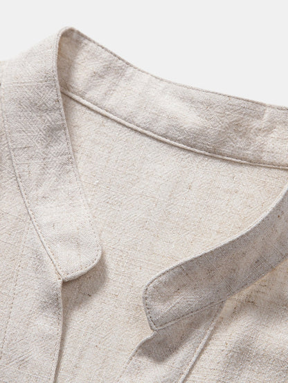 V-Neck Short Sleeve Linen-Rayon Blend Shirt