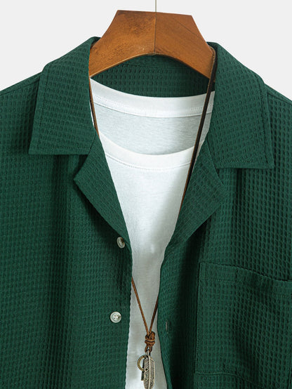 Waffle Knit Long Sleeve Cuban Collar Shirt