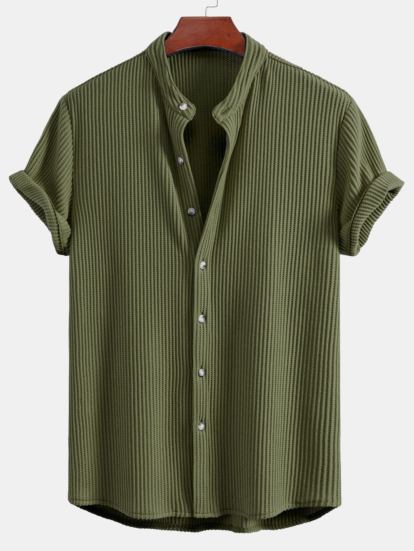 Waffle Textured Stand Collar Shirt & Drawstring Waffle Shorts Set