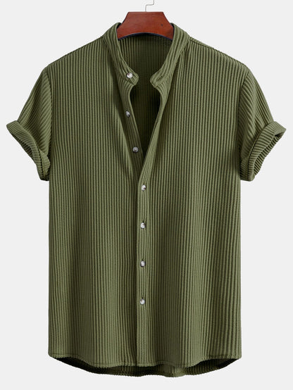 Waffle Textured Stand Collar Shirt & Drawstring Waffle Shorts Set